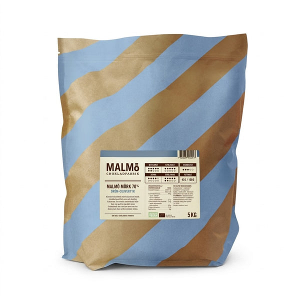 5 kg påse Malmö Chokladfabrik mörk choklad 70% EKO med blåbrunt mönster