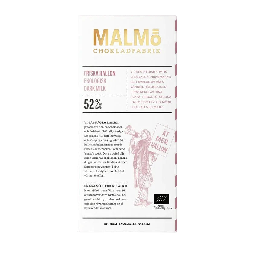 Malmö Chokladfabrik Friska Hallon 52% EKO chokladkaka 