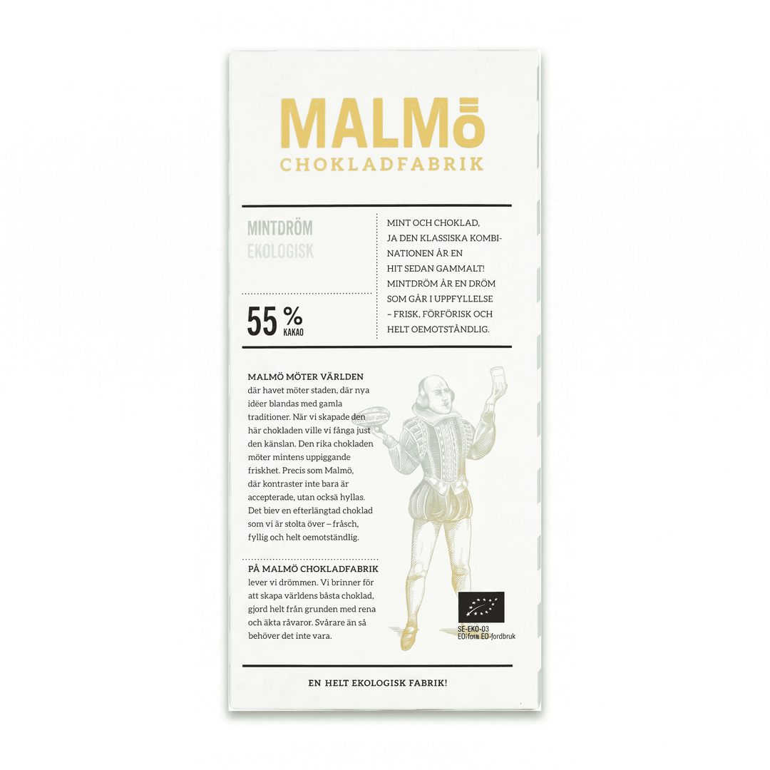 Malmö Chokladfabrik Mintdröm 55% ekologisk chokladkaka förpackning