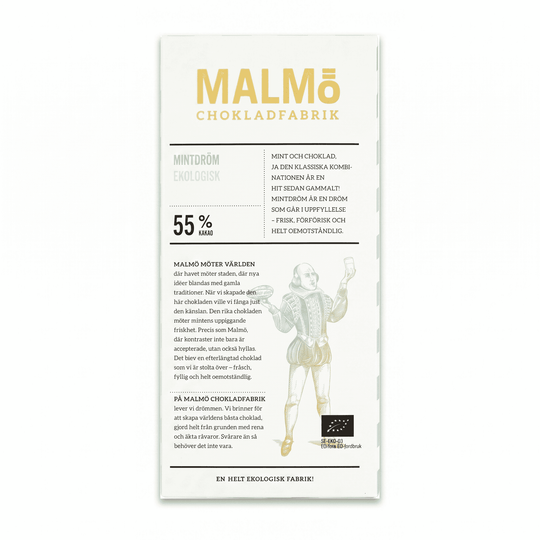 Malmö Chokladfabrik Mintdröm 55% ekologisk chokladkaka förpackning