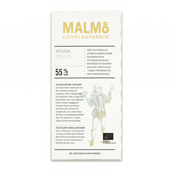 Malmö Chokladfabrik Mintdröm 55% ekologisk chokladkaka förpackning