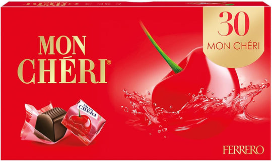 Röd Mon Chéri chokladask med 30 bitar italiensk mörk choklad och körsbär
