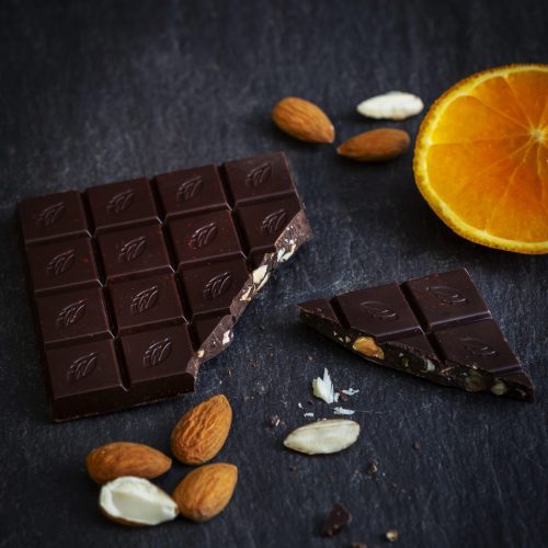 Willie's Cacao 70% dark chocolate bar with orange and almonds
