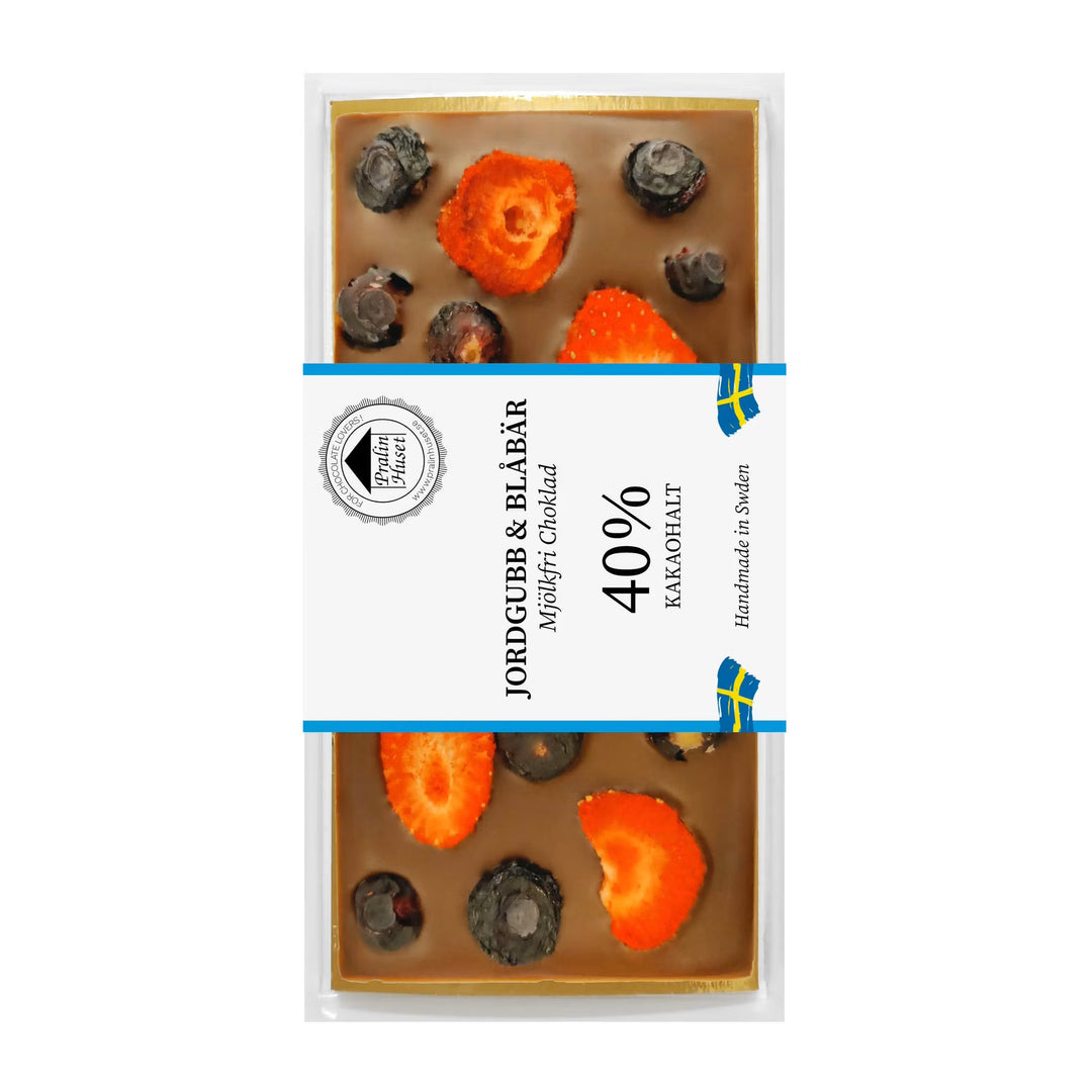Mjölkfri ljus chokladkaka med hallon och blåbär, 40% kakao, Pralinhuset