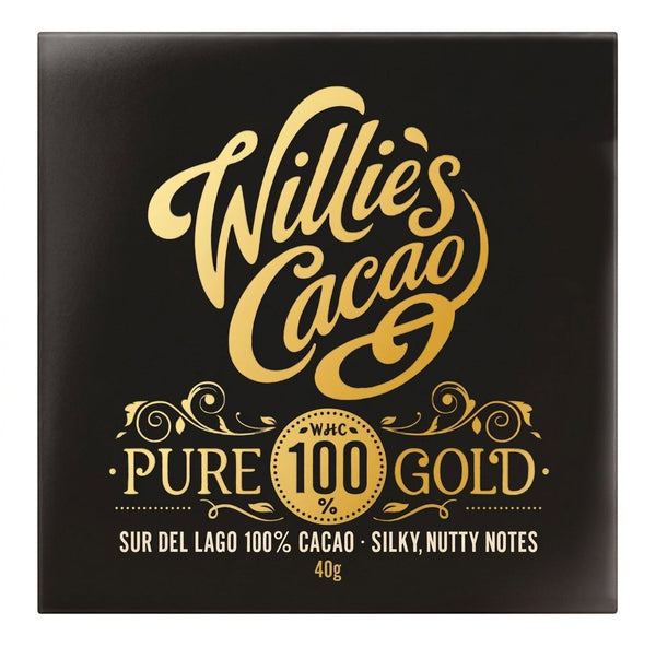 Willie's Cacao Pure Gold 100 % kaakao, 40 g, musta pakkaus kultaisella tekstillä