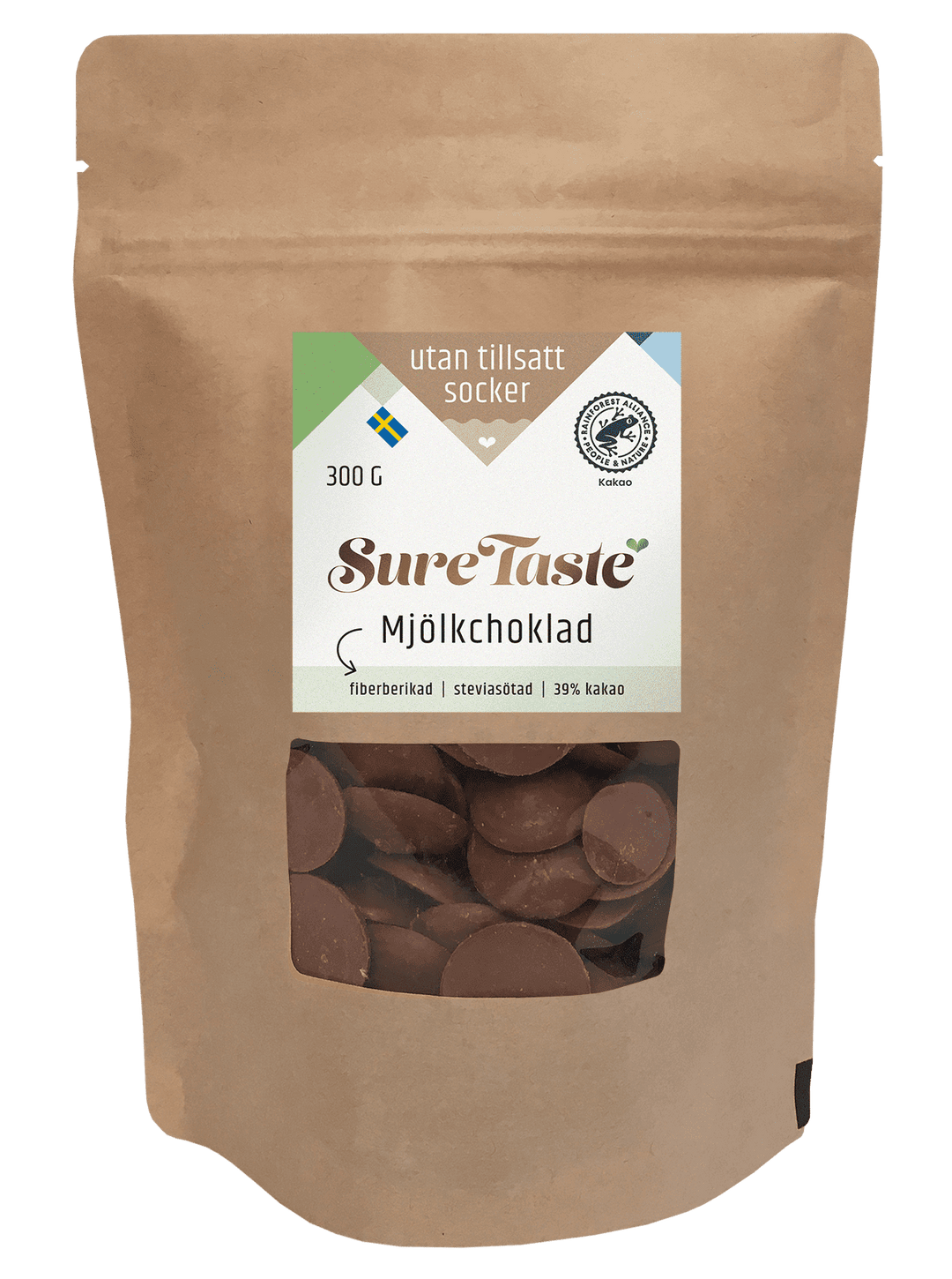 Sure Taste mjölkchokladpalletter utan tillsatt socker, fiberberikade med stevia och 39% kakao i 300g påse
