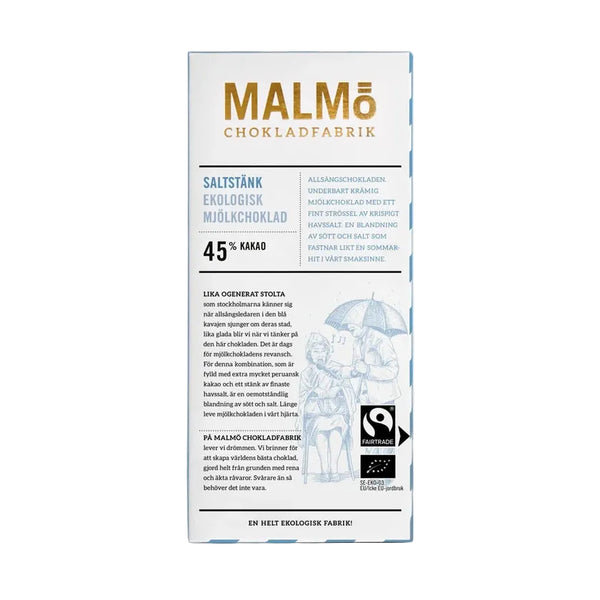 Malmö Chokladfabrik Saltstänk 45% kakao ekologisk mjölkchoklad 80g förpackning