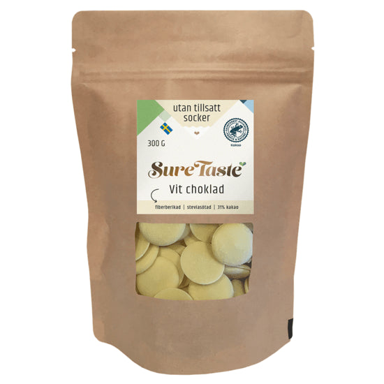 Sure Taste sockerfri vit chokladpellets 300g med fiber och stevia