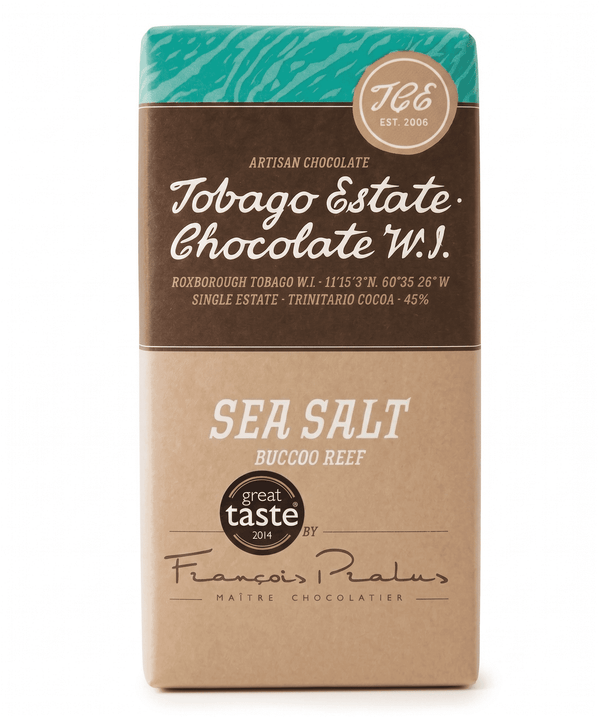 Tobago Estate Sea Salt 45% mjölkchoklad i pappförpackning med turkos mönster