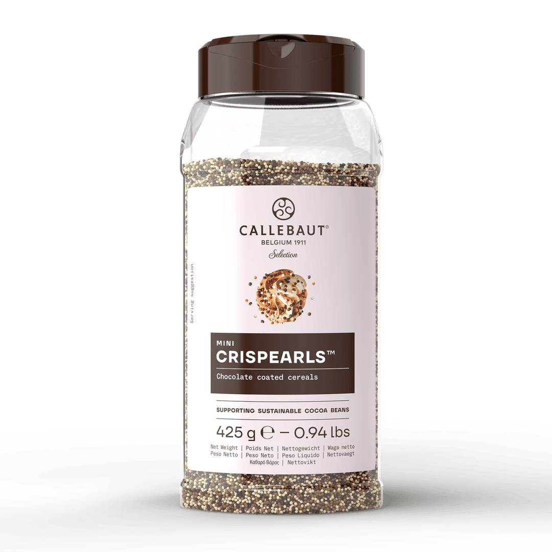 Callebaut Mini Mix Crispearls chokladpärlor i plastdosa med mörk, ljus och vit choklad