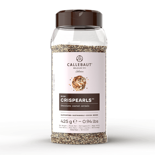 Callebaut Mini Mix Crispearls chokladpärlor i plastdosa med mörk, ljus och vit choklad
