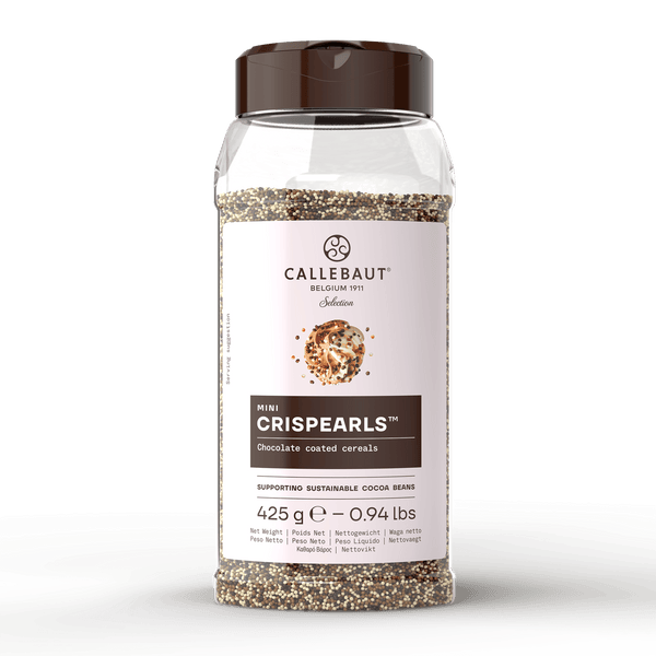 Callebaut Mini Mix Crispearls suklaahelmejä muovipurkissa, tumma-, maito- ja valkosuklaata