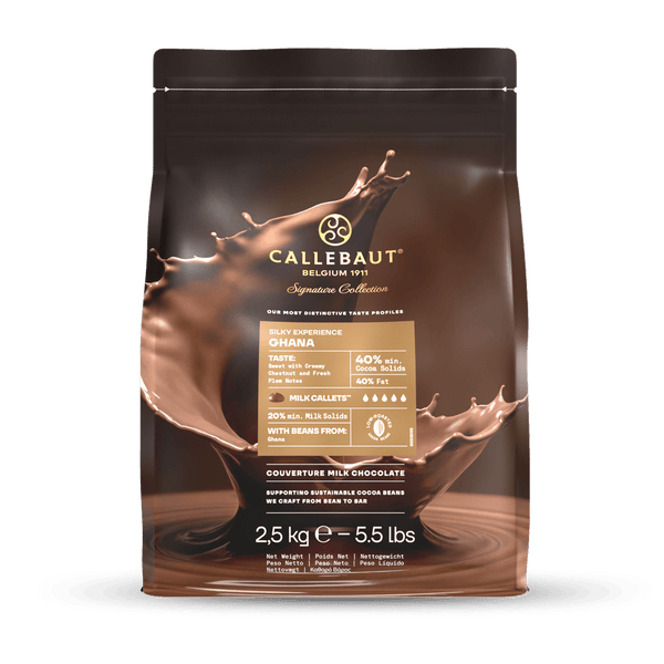 Callebaut Silky Ghana milk chocolate 40% cocoa, 2.5kg pouch with gold branding