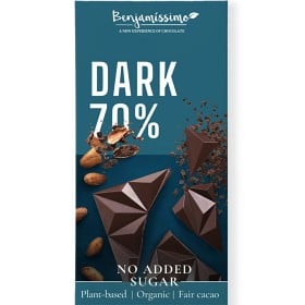 Benjamissimo mörk choklad 70% utan tillsatt socker i teal förpackning med kakao och nötter