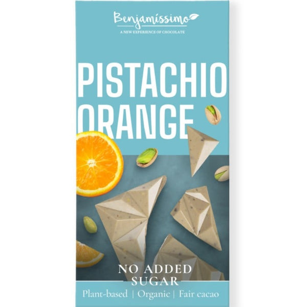 Benjamissimo sockerfri pistage & apelsin chokladkaka i ljusblått packaging med gröna pistagior och apelsin
