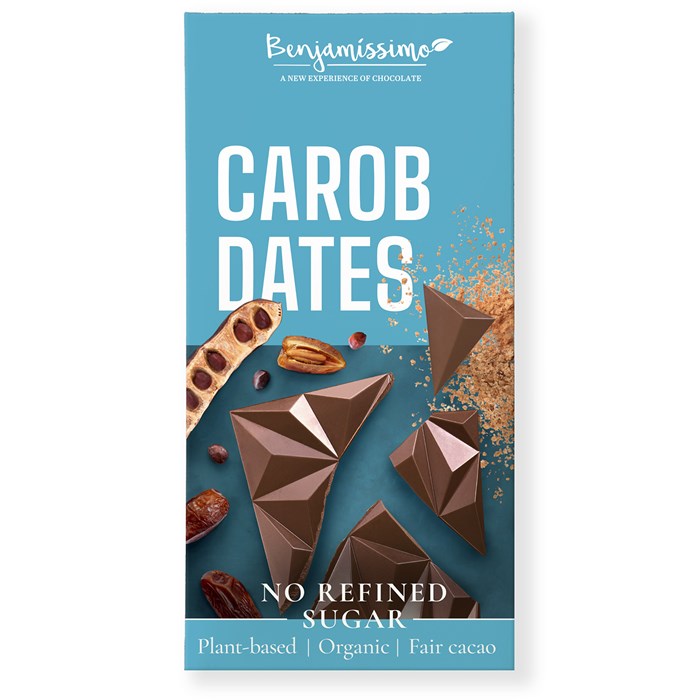 Benjamissimo sockerfri carob- och dadelpasta chokladbar i ljusblått förpackning