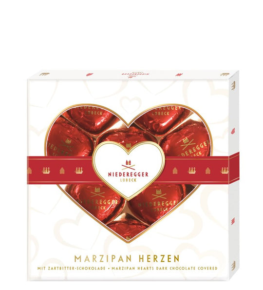 Niederegger Marsipanhjärtan 125g läpinäkyvällä ikkunalla ja punaisella nauhalla