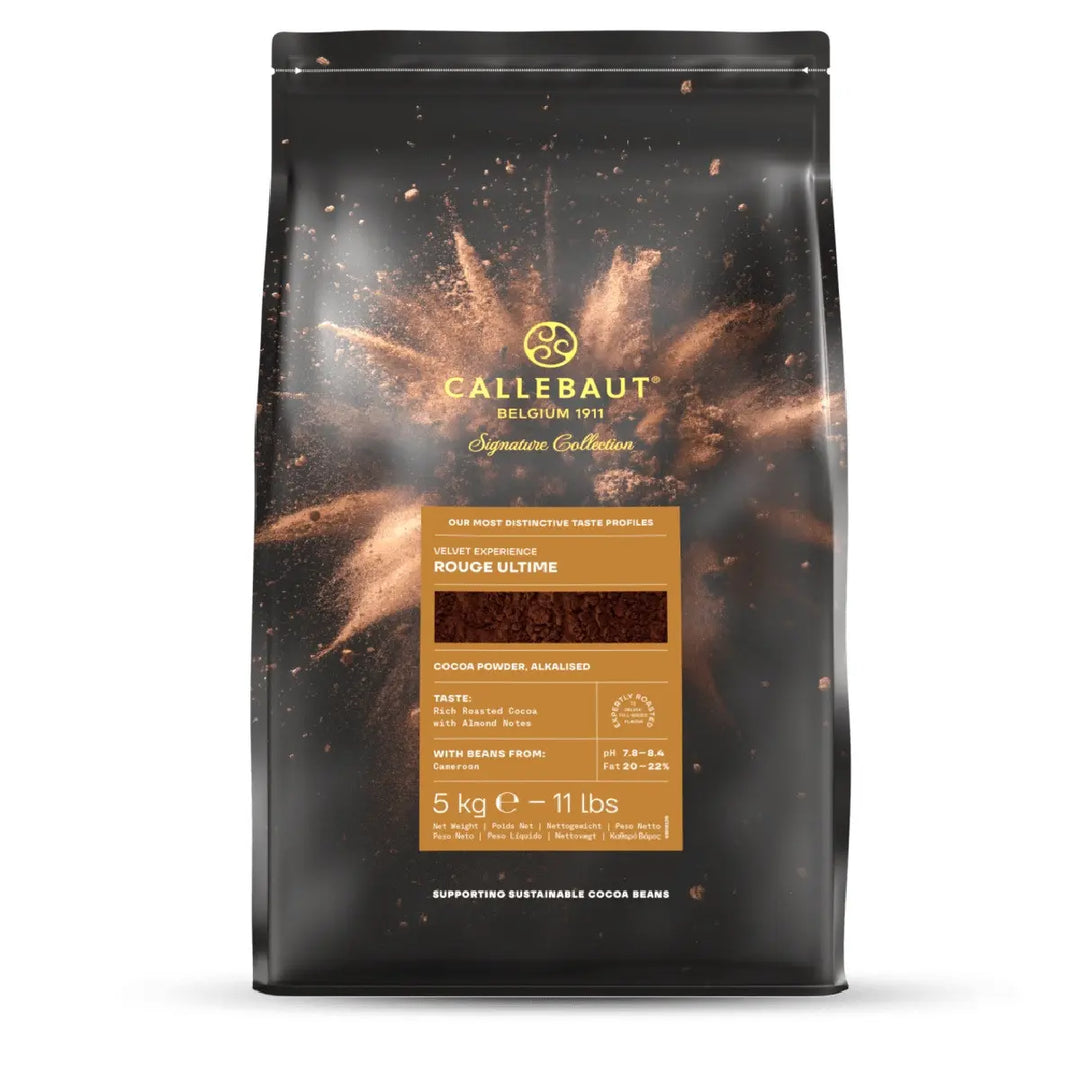 Callebaut Rouge Ultime 100% cocoa powder in 5kg stand-up pouch with gold logo and orange label