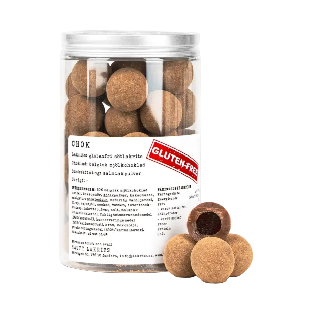 Glutenfri lakritsbollar med mjölkchoklad och salmiak i burk