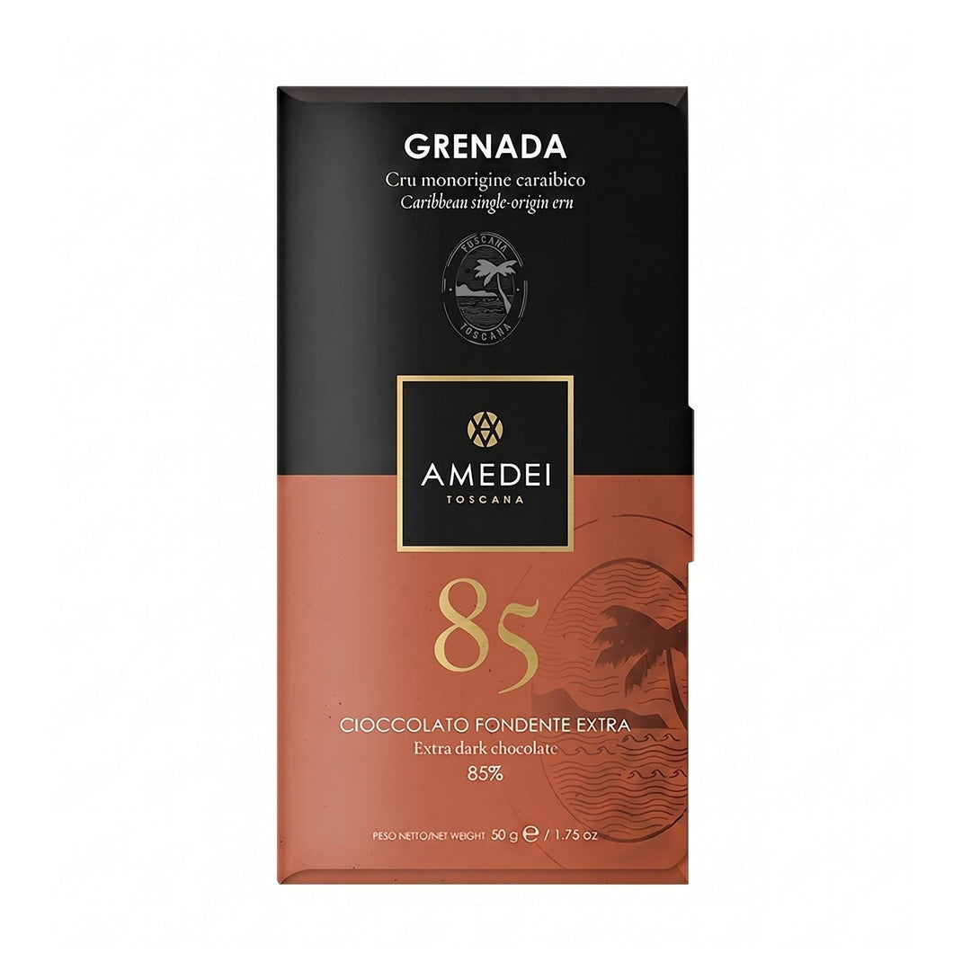 Chokladshopen Amedei Cru Grenada 85% mörk chokladkaka i elegant svart och terrakottafärgad förpackning.