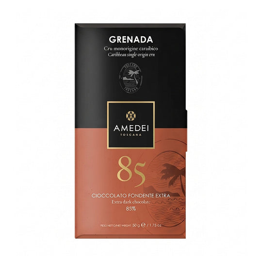 Chokladshopen Amedei Cru Grenada 85% mörk chokladkaka i elegant svart och terrakottafärgad förpackning.