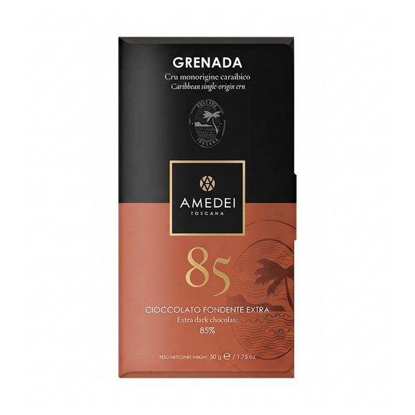 Chokladshopen Amedei Cru Grenada 85% mörk chokladkaka i elegant svart och terrakottafärgad förpackning.