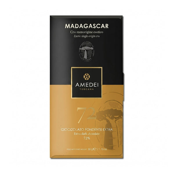Chokladshopen Amedei Cru Madagascar 72% mörk chokladkaka i elegant svart och guld förpackning