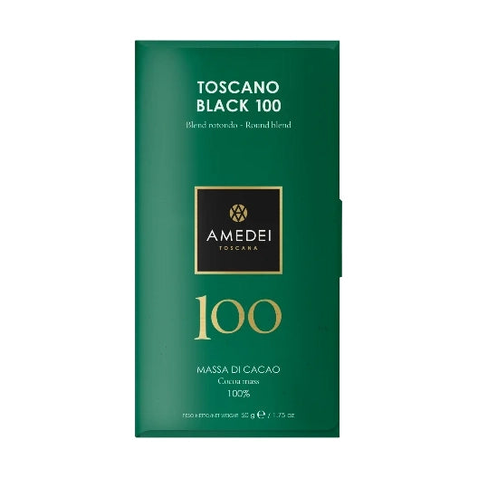 Chokladshopen Amedei Toscano Black 100% mörk chokladkaka i elegant grön förpackning utan tillsatt socker