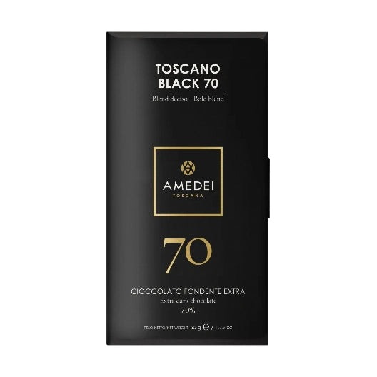 Chokladshopen Amedei Toscano Black 70% mörk chokladkaka i elegant svart förpackning med gulddetaljer