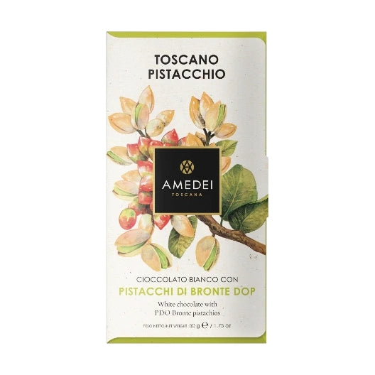 Chokladshopen Amedei Toscano Pistacchi vit chokladkaka med rostade pistaschnötter i elegant förpackning