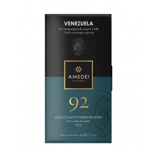 Chokladshopen Amedei Cru Venezuela 92% mörk chokladkaka i elegant svart och blågrön förpackning på 50g.