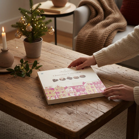 Chokladshopen Anthon Berg chokladkalender med julmotiv på ett rustikt träbord i en mysig julmiljö