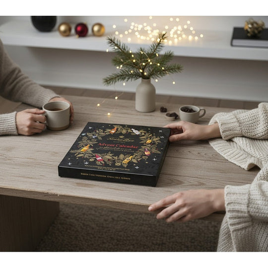 Chokladshopen Anthon Berg likörkalender med julmotiv på ett träbord omgiven av två personer med kaffekoppar