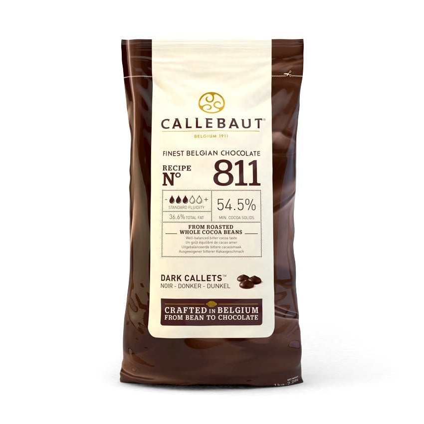 Chokladshopen Callebaut 811 mörk chokladcouvertyr 54,5% i 1kg förpackning för professionell bakning och praliner.