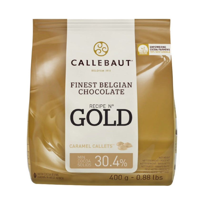 Chokladshopen Callebaut Gold karamelliserad vit choklad i 400g förpackning med 30,4% kakaohalt.