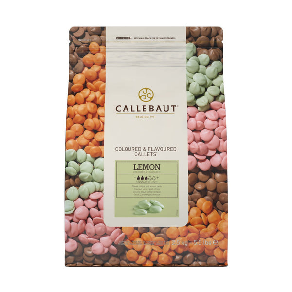 Chokladshopen Callebaut Lemon chokladknappar i 2,5 kg förpackning med gul citronsmak och vit chokladbas