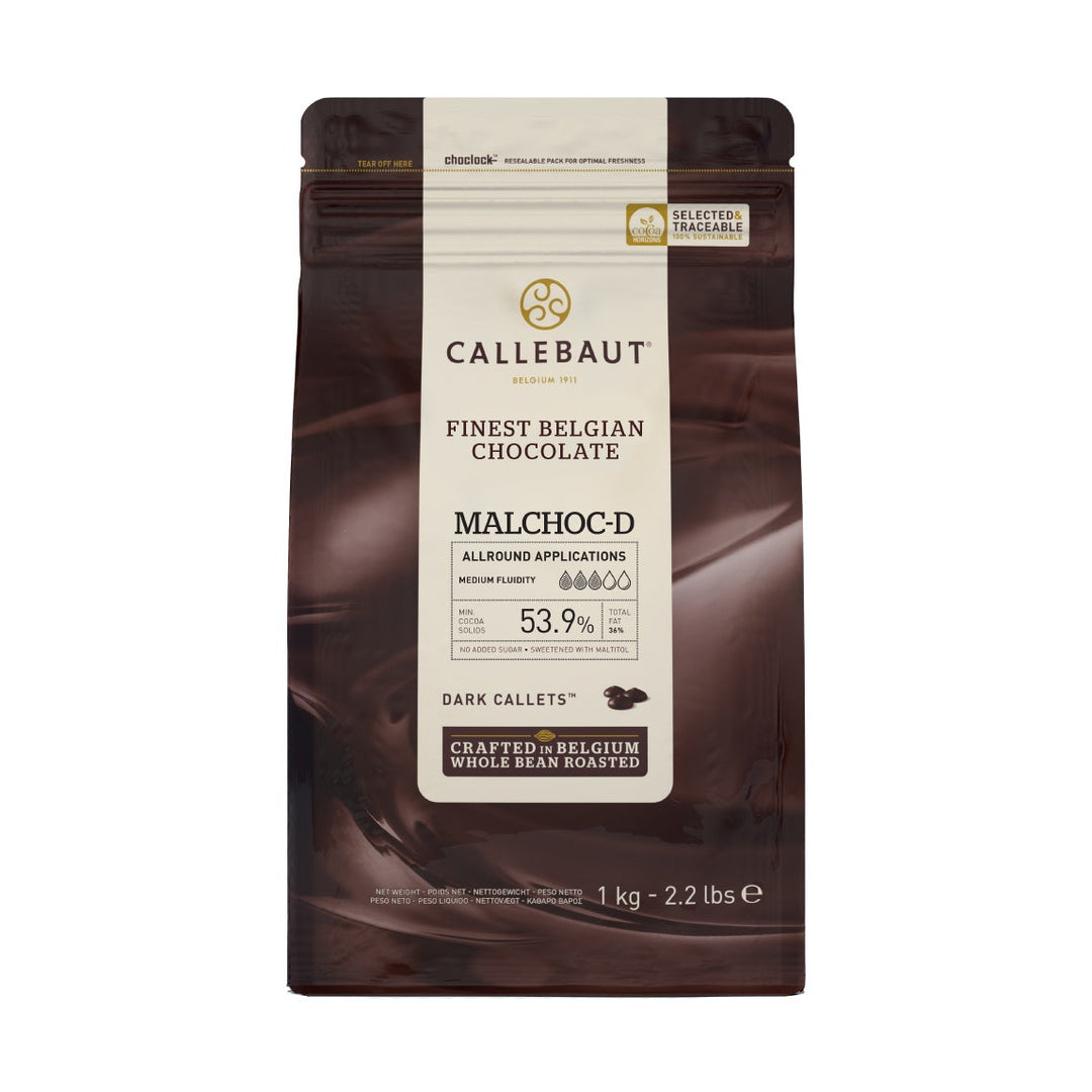 Chokladshopen Callebaut Malchoc sockerfri mörk choklad 53,9% i 1kg påse för bakning och pralintillverkning.