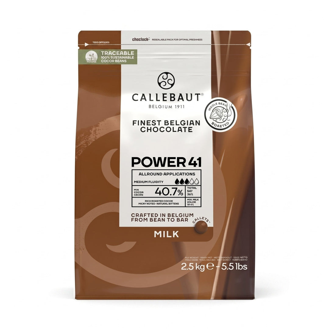 Chokladshopen Callebaut Power 40,7% mjölkchoklad i 2,5 kg förpackning med professionell belgisk chokladcouvertyr