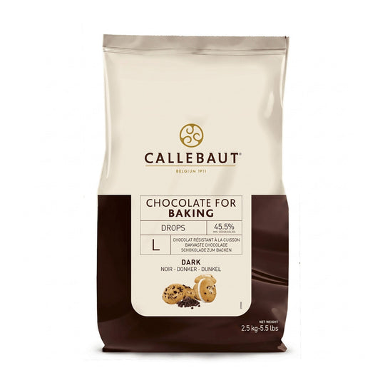Chokladshopen Callebaut mörk bakchoklad i 2,5 kg förpackning med stora chokladpellets för professionell bakning.