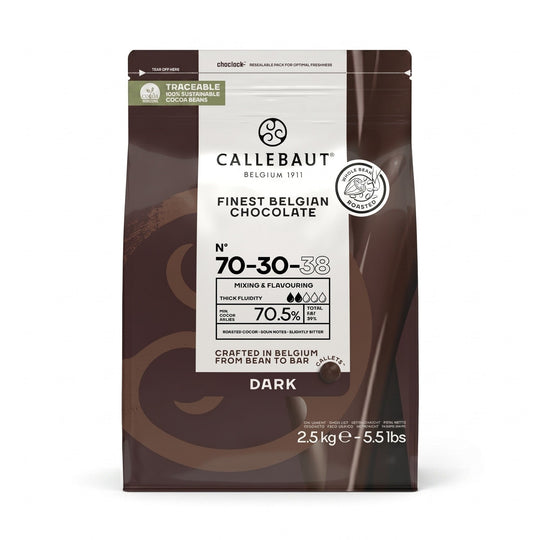 Chokladshopen Callebaut 70-30-38 mörk chokladcouvertyr 70,5% i 2,5kg förpackning för professionell bakning.