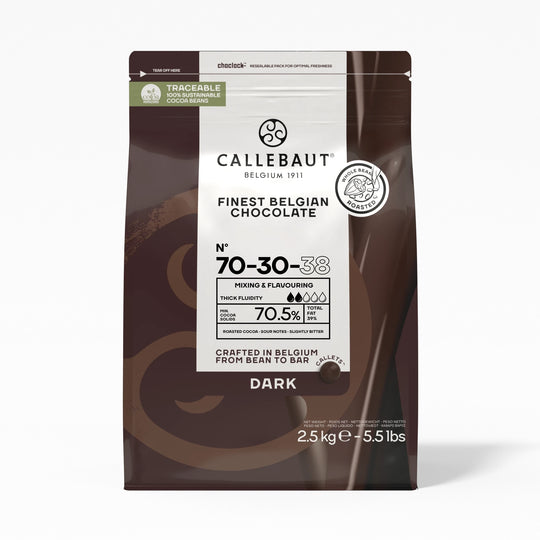 Chokladshopen Callebaut 70-30-38 mörk chokladcouvertyr 70,5% i 2,5 kg förpackning för professionell bakning.
