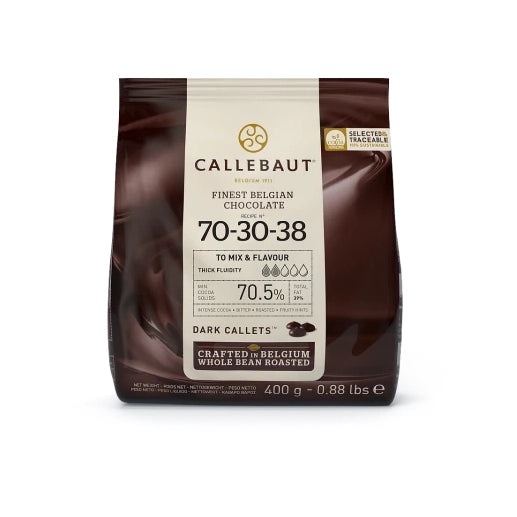 Chokladshopen Callebaut 70-30-38 mörk chokladcouvertyr 70,5% i 400g förpackning för bakning och pralintillverkning.