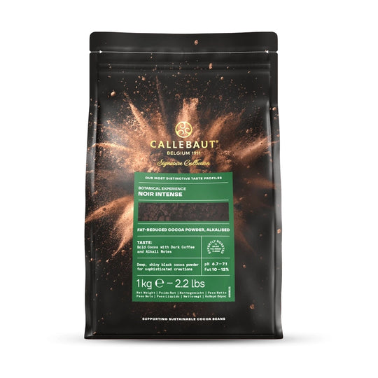 Chokladshopen Callebaut Noir Intense kakaopulver i en svart 1kg förpackning för professionell bakning.