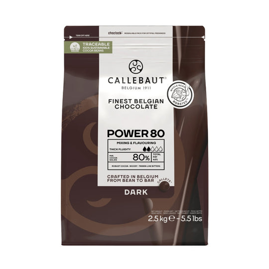 Chokladshopen Callebaut Power 80% mörk chokladcouvertyr i 2,5 kg förpackning för professionell bakning.