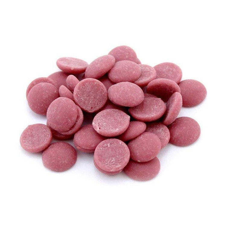 Chokladshopen Callebaut RB2 Ruby chokladpellets med sin karaktäristiska rosa färg för bakning och desserter.