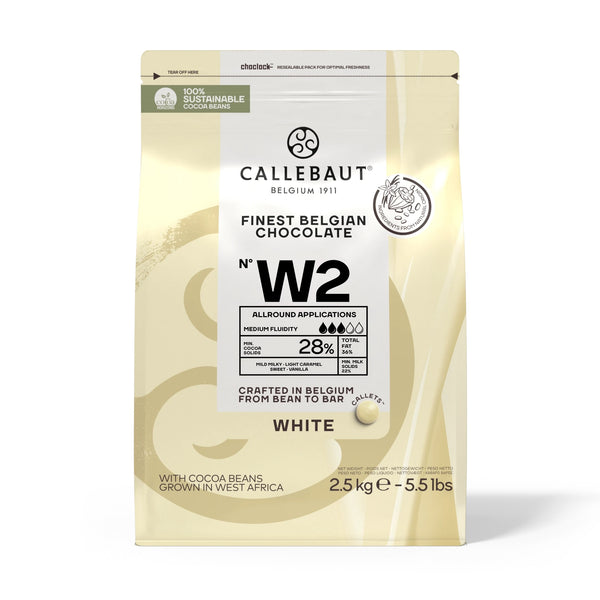 Chokladshopen Callebaut W2 vit chokladcouvertyr 28% i 2,5 kg förpackning för professionell bakning.