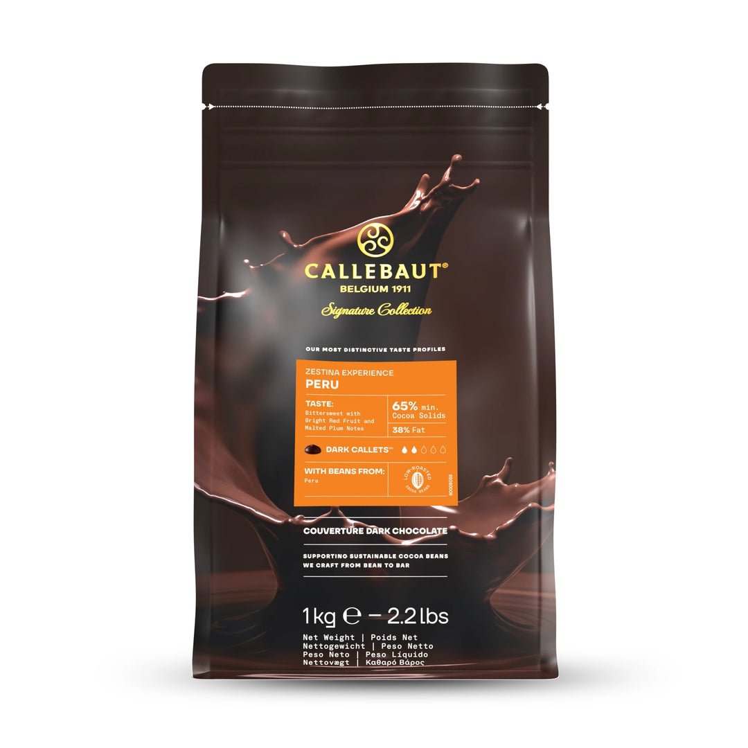 Chokladshopen Callebaut Zestina Peru 65% ekologisk mörk choklad i 1kg påse med chokladstänk