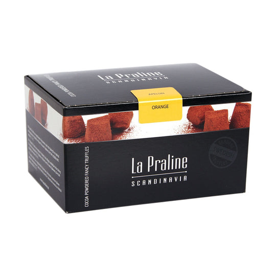 Chokladshopen La Praline tryfflar med apelsinsmak i svart presentask pudrade med kakao