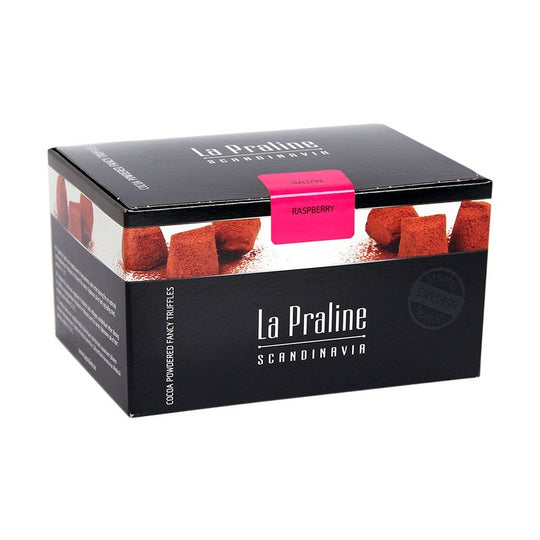 Chokladshopen La Praline hallontryfflar i en elegant svart presentask med rosa etikett.