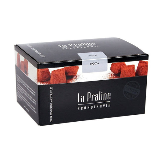 Chokladshopen La Praline Mocca chokladtryfflar i svart ask pudrade med kakao och kaffesplitter
